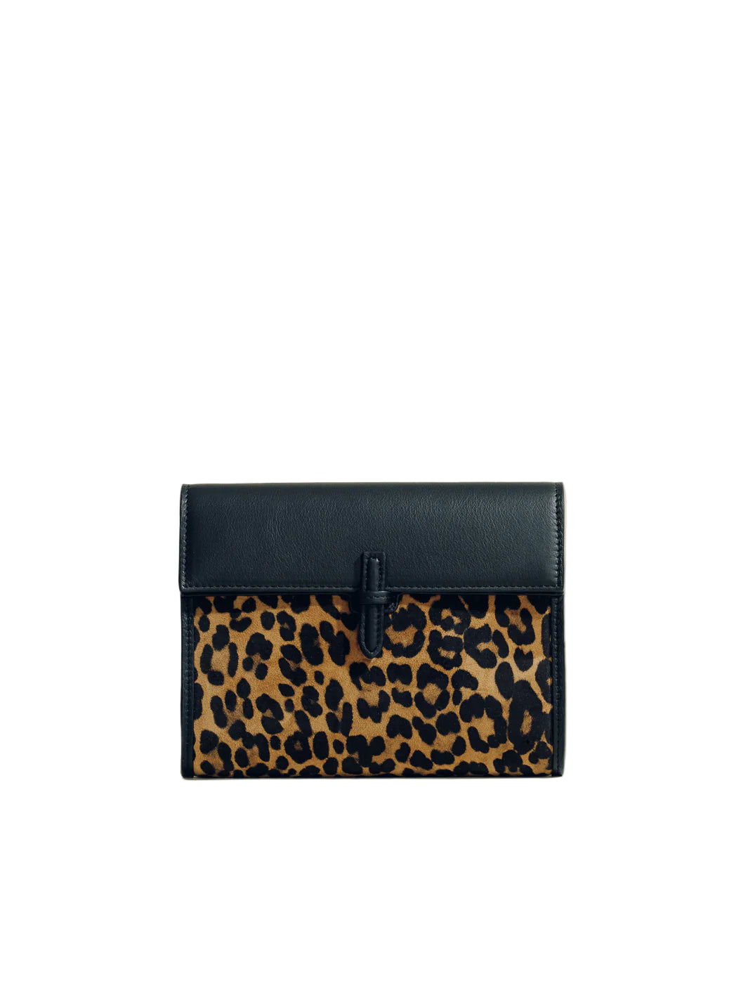 Leopard print clutch bag with black leather accents on a beige background