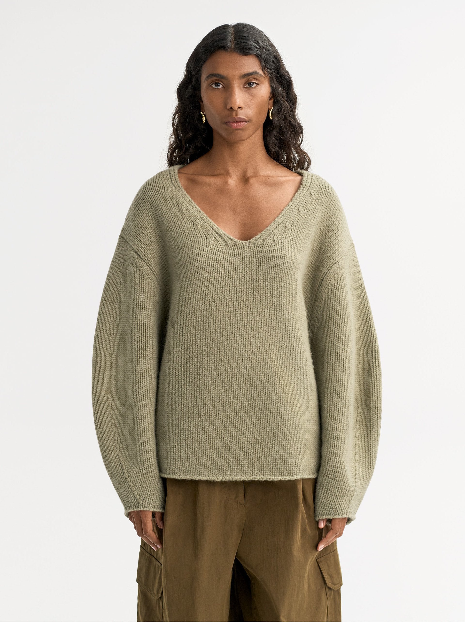 Soft Goat Puff Sleeve V-Neck Sweater