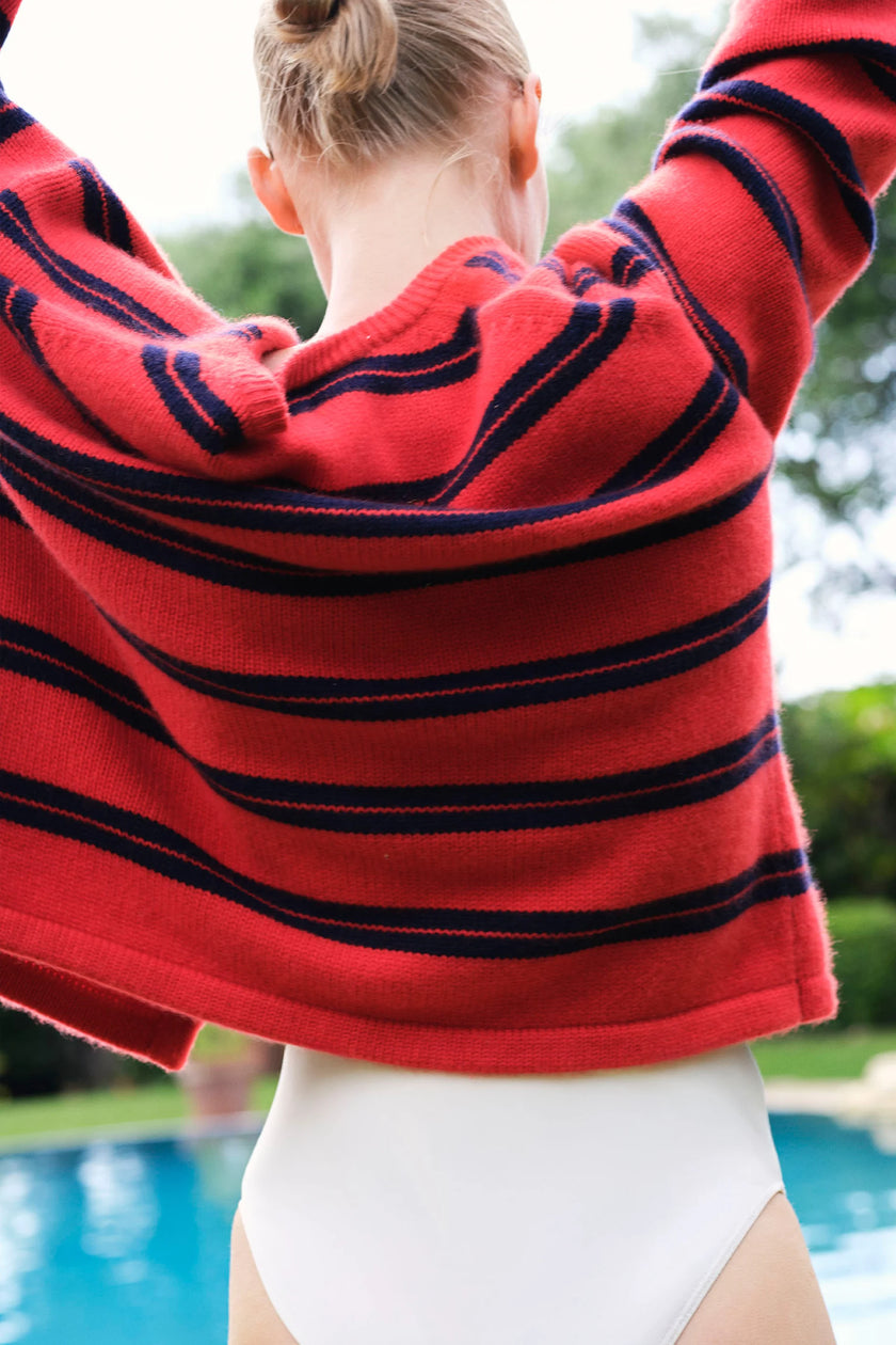 Soft Goat Striped Cardigan in Tomato