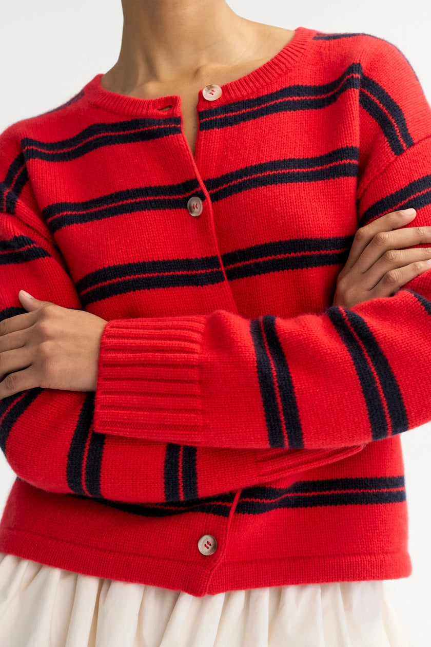 Soft Goat Striped Cardigan in Tomato