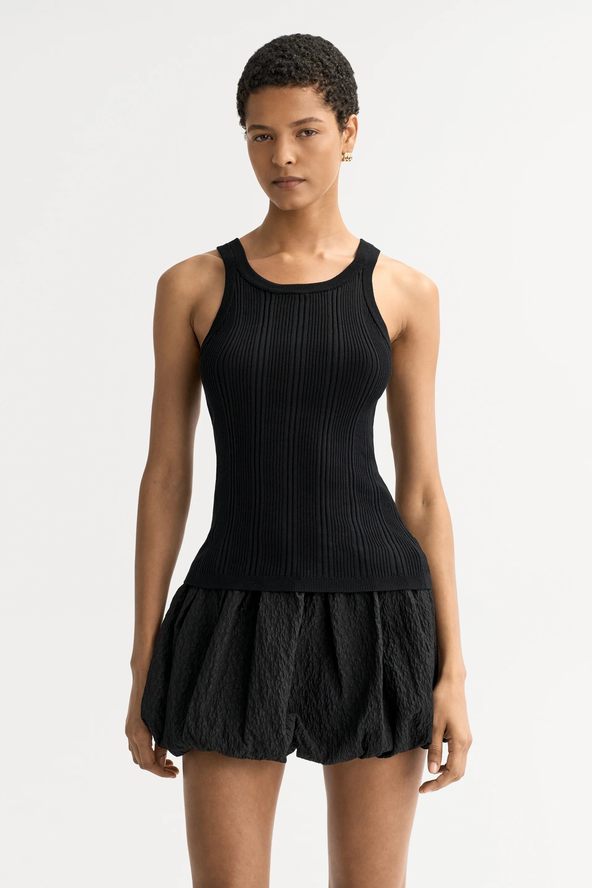 Soft Goat Fine Knit Rib Singlet in Black
