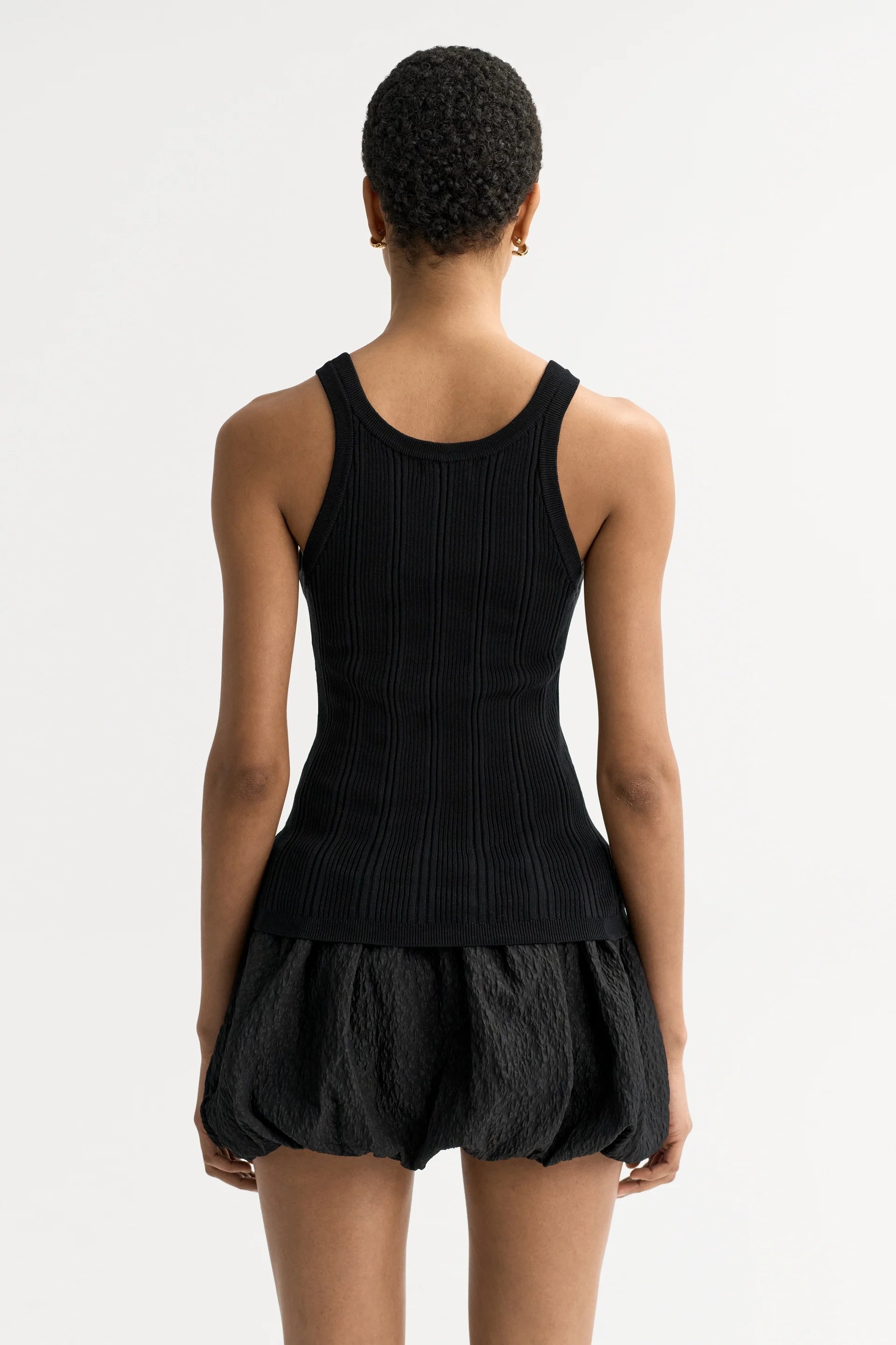 Soft Goat Fine Knit Rib Singlet in Black