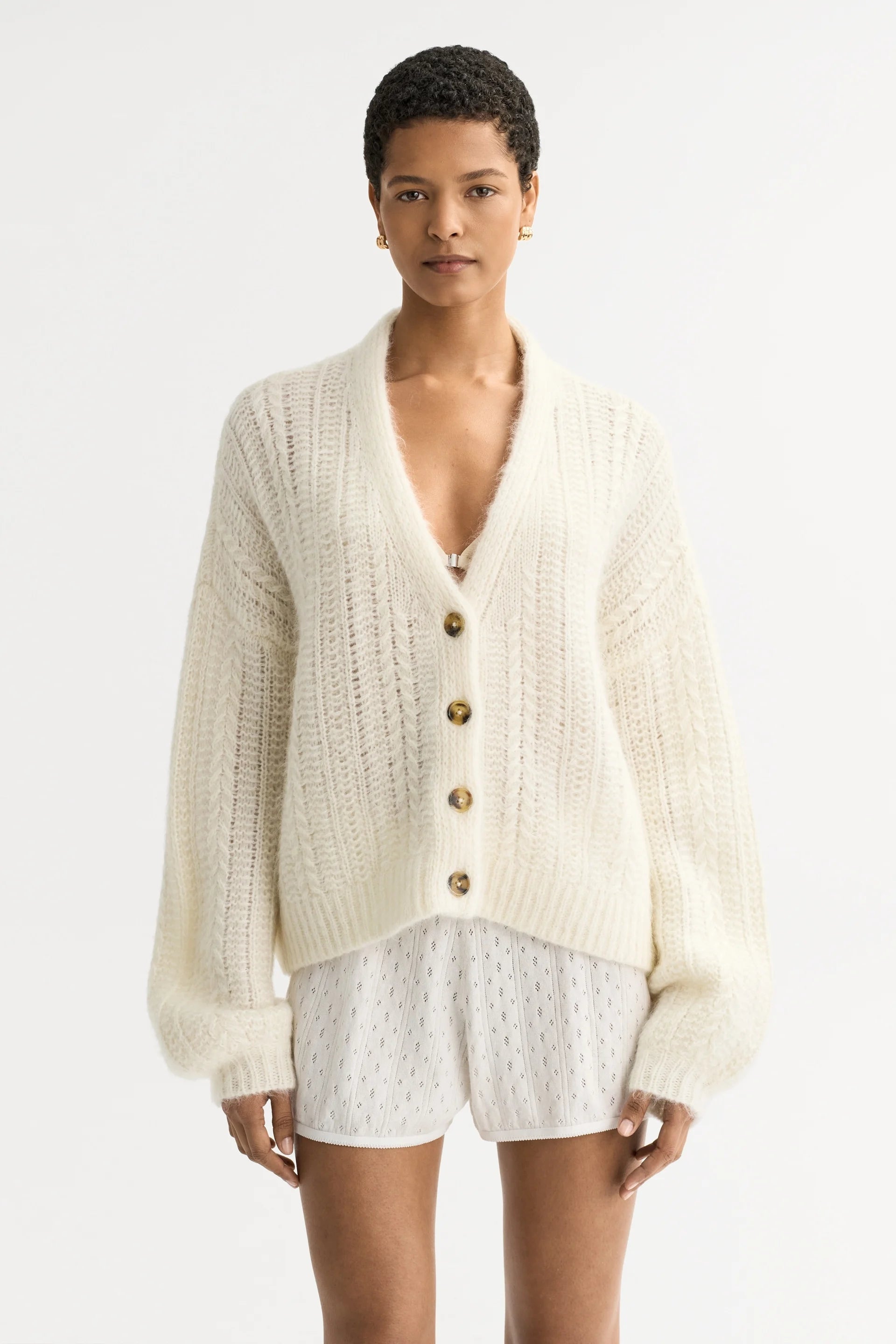 Soft Goat Silk Knit Cardigan in White