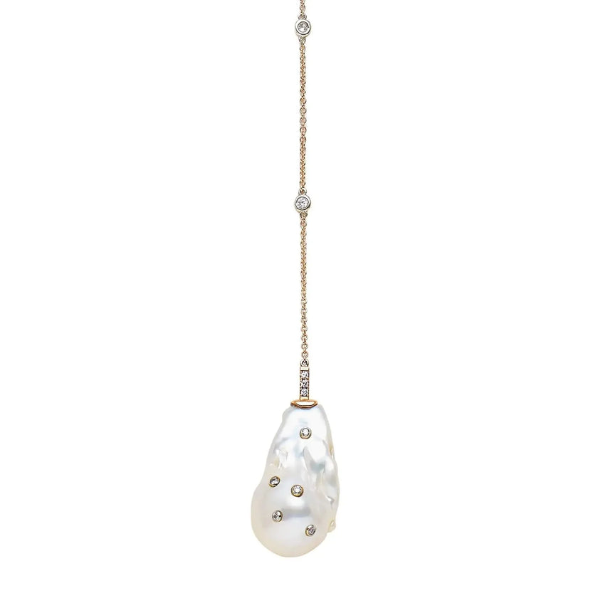 Joie DiGiovanni Diamond Studded Baroque Pearl Gold Lariat