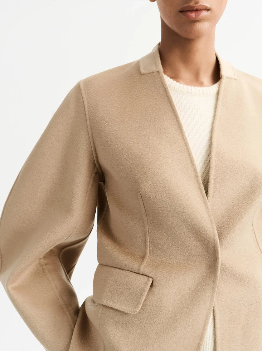 Detailed Model shot wearing Soft Goat Blazer in Camel