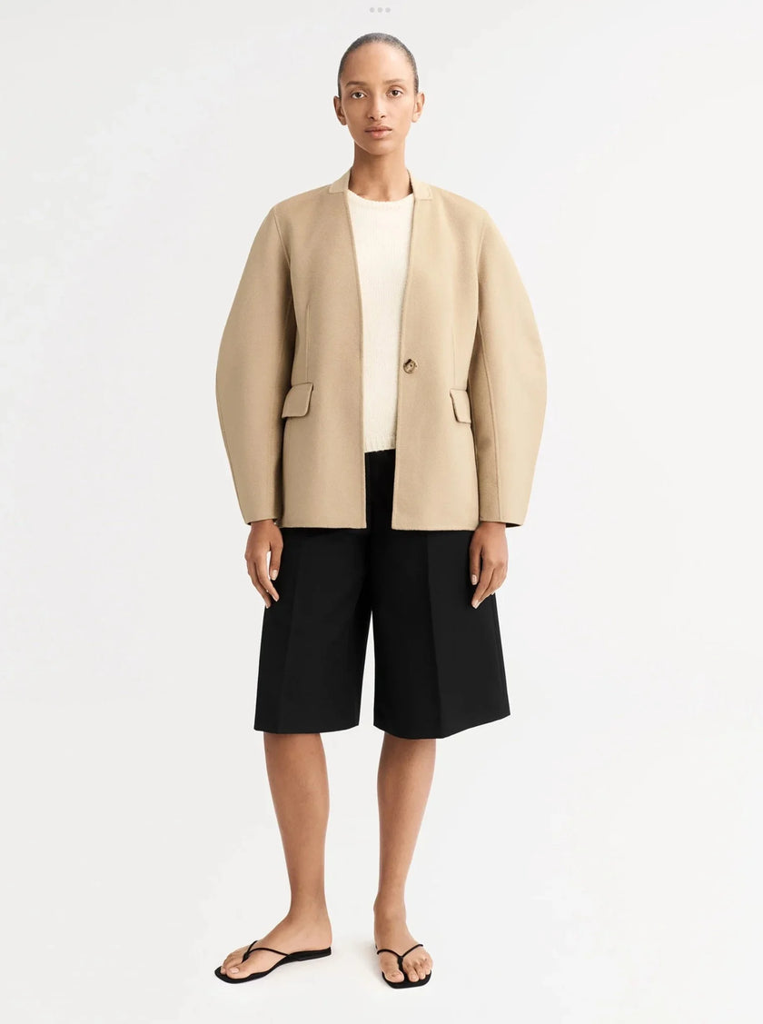 Model wearing Soft Goat Blazer in Camel