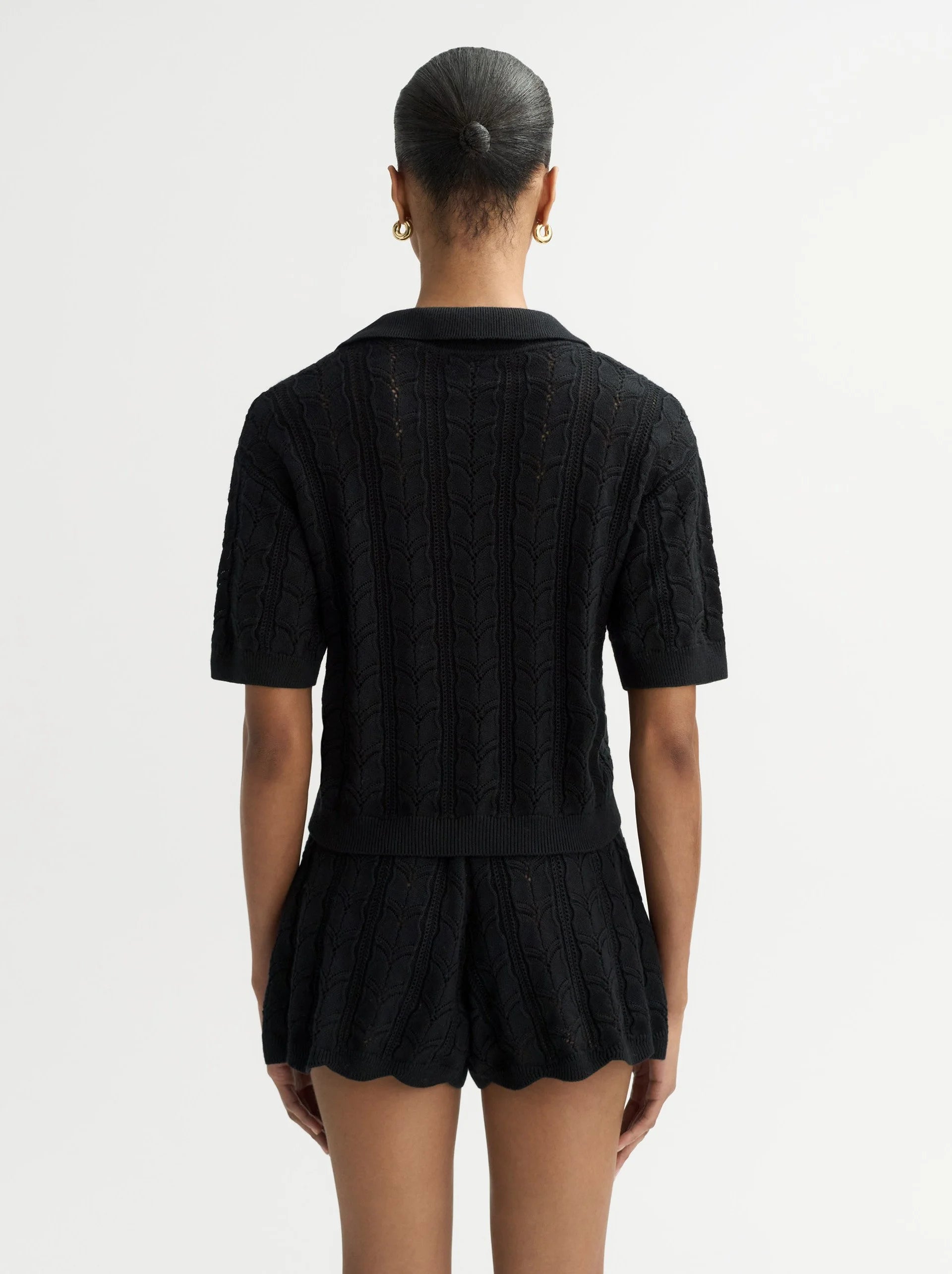 Back of Model wearing Soft Goat Crochet Pique Polo 