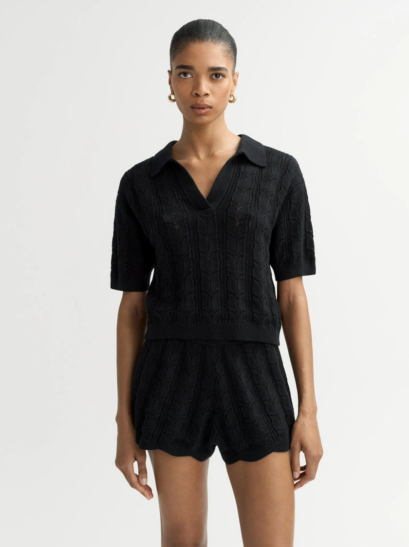 Model wearing Soft Goat Crochet Pique Polo 