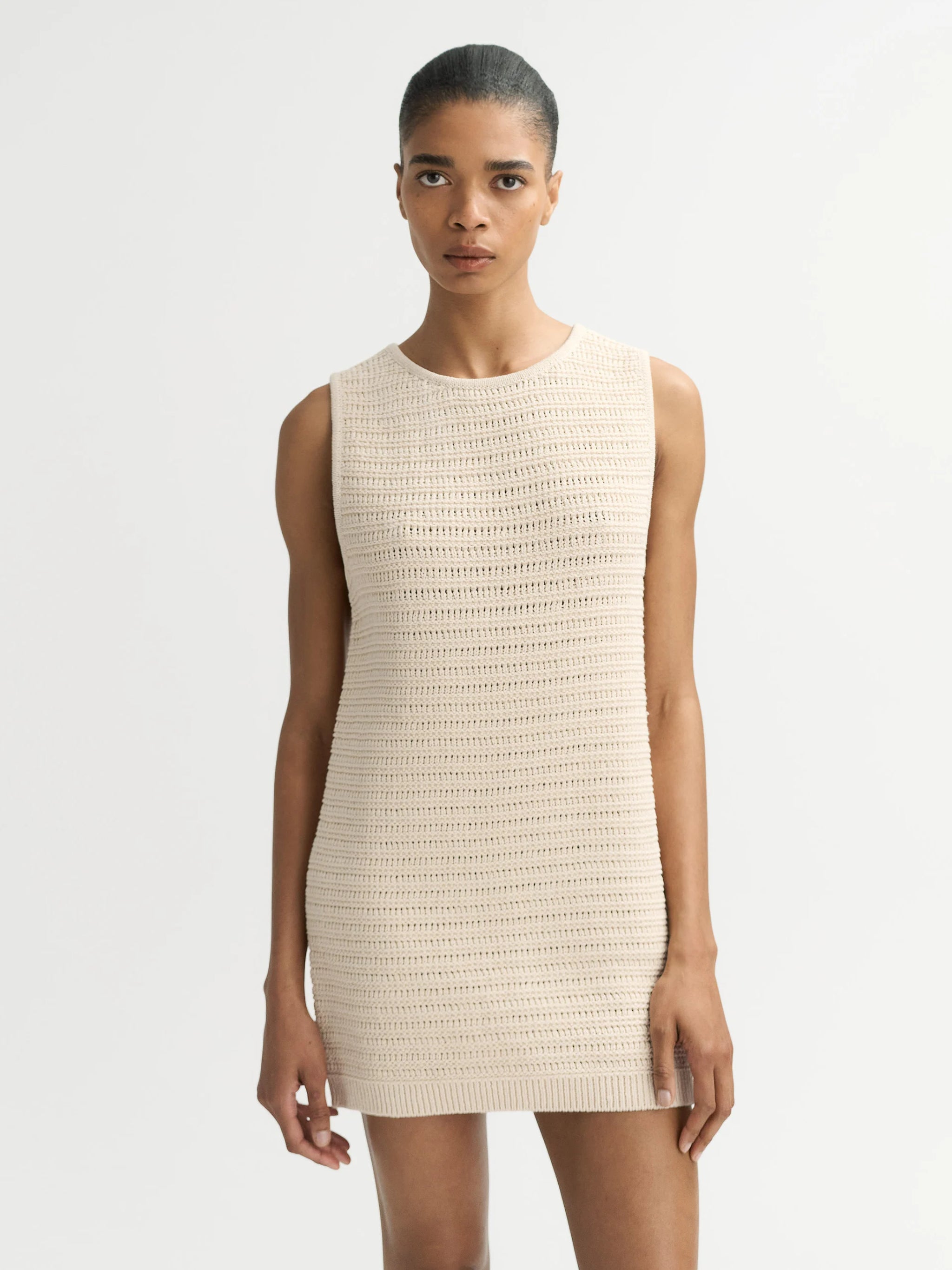 model wearing Soft Goat Mini Dress in Beige