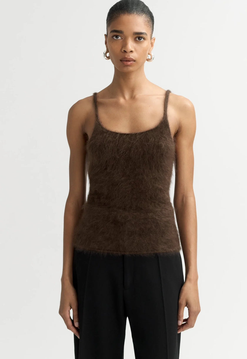 model wearing Soft Goat Brushed Singlet in Mocha