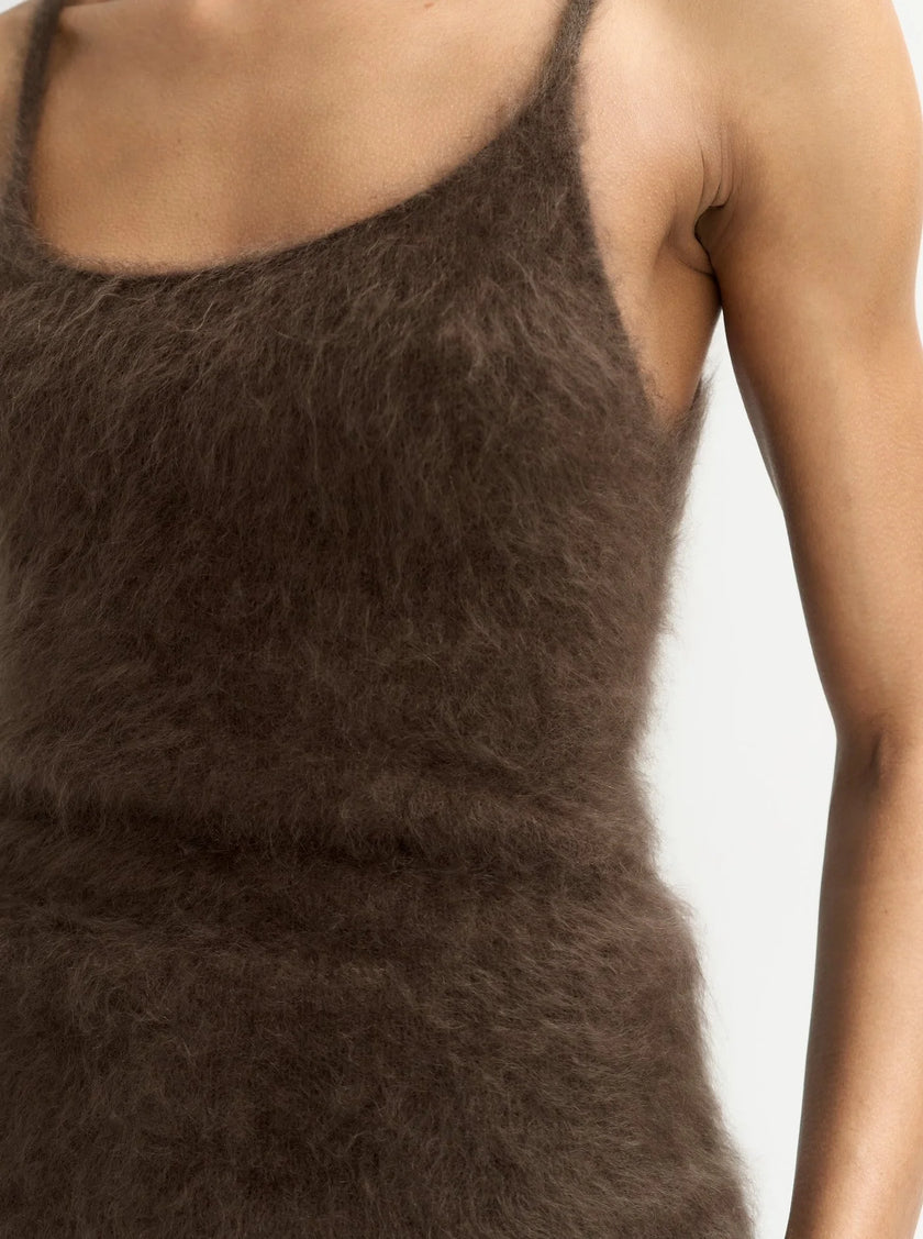 Detail model shot wearing Soft Goat Brushed Singlet in Mocha