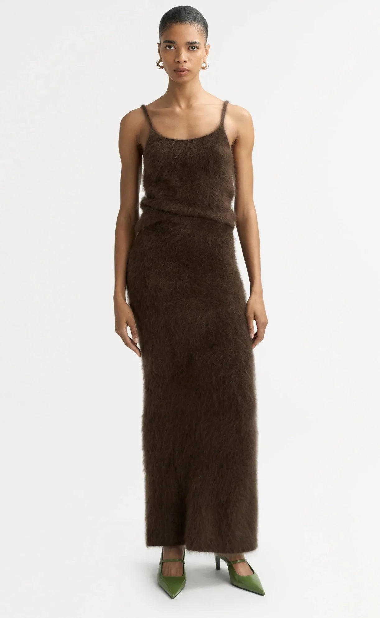 Full length model shot wearing Soft Goat Brushed Singlet in Mocha