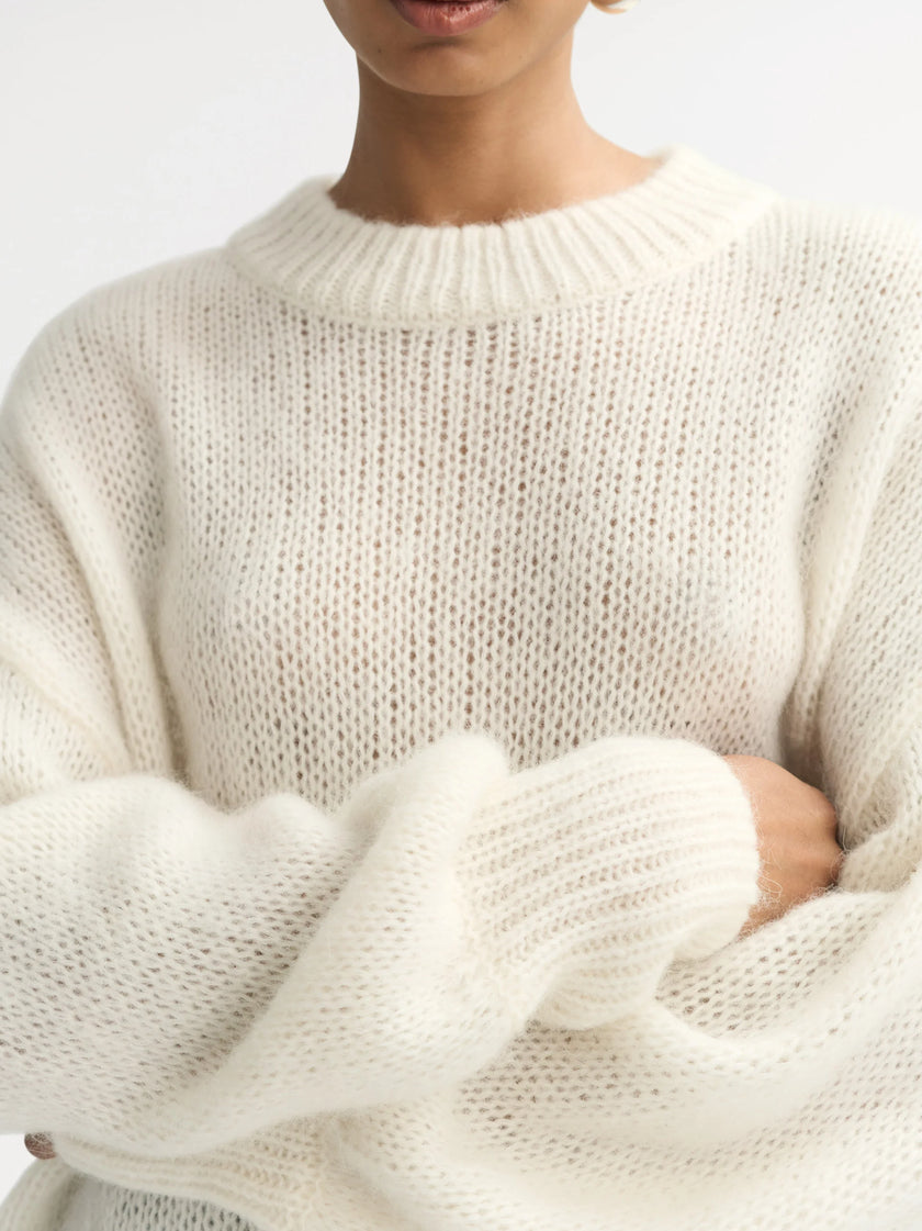 Detail model shot wearing Soft Goat Alpaca Crewneck Sweater in White