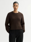 Model wearing Soft goat Cashmere Cable Sweater in Mocha 