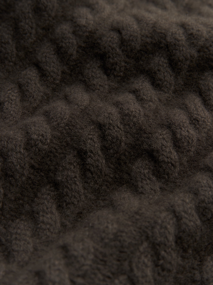 Detail shot of Soft goat Cashmere Cable Sweater in Mocha 