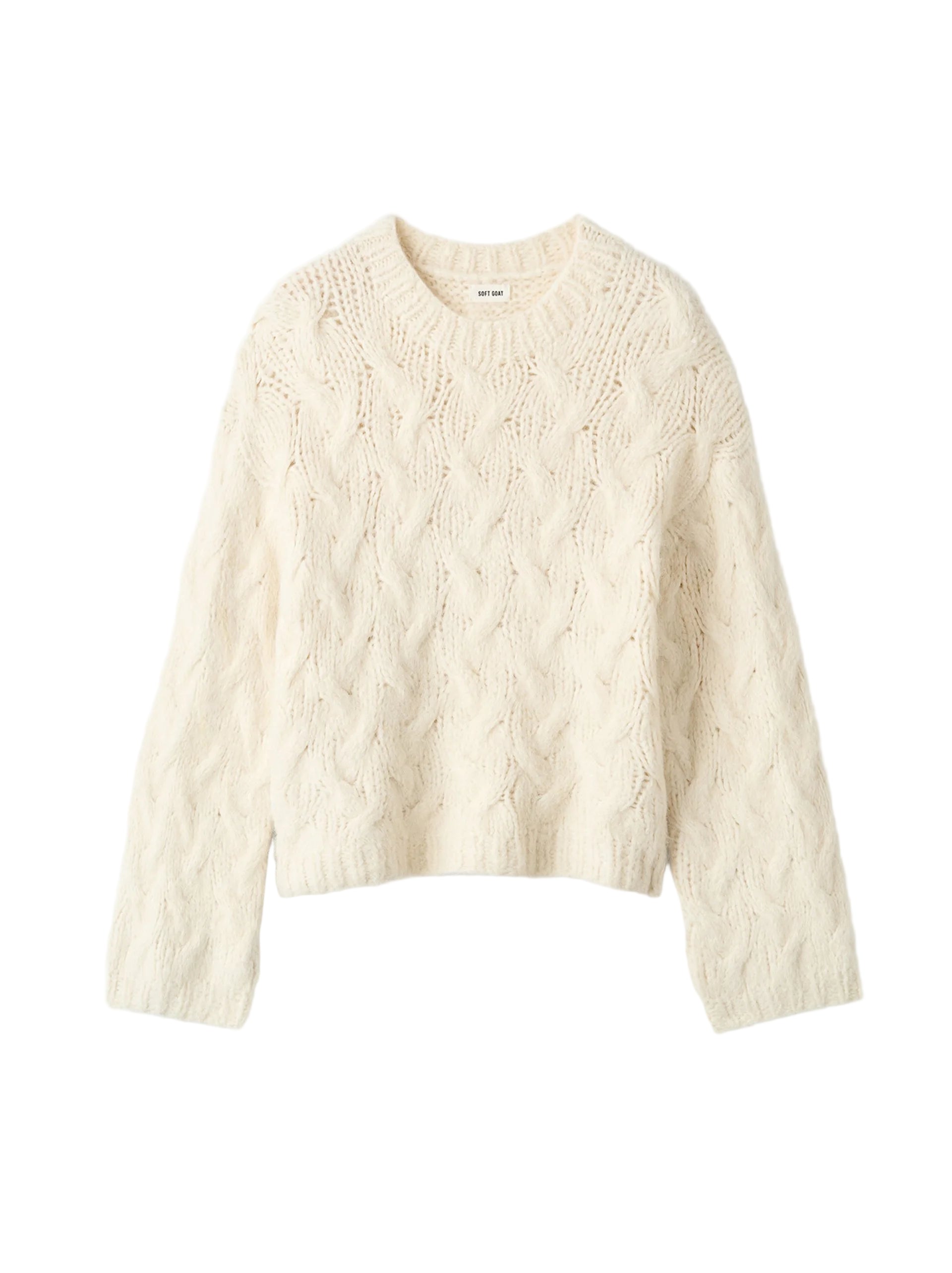 Soft Goat Chunky Cable  Knit Sweater in Feather White