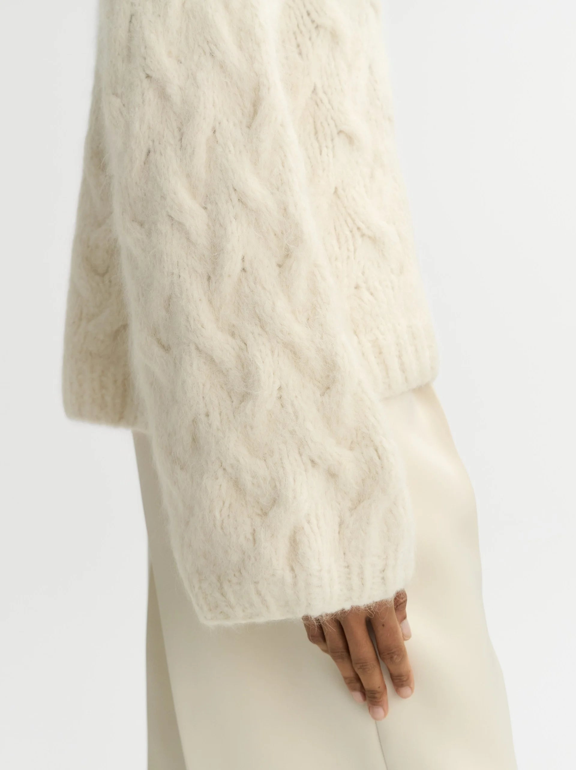 Soft Goat Chunky Cable  Knit Sweater in Feather White