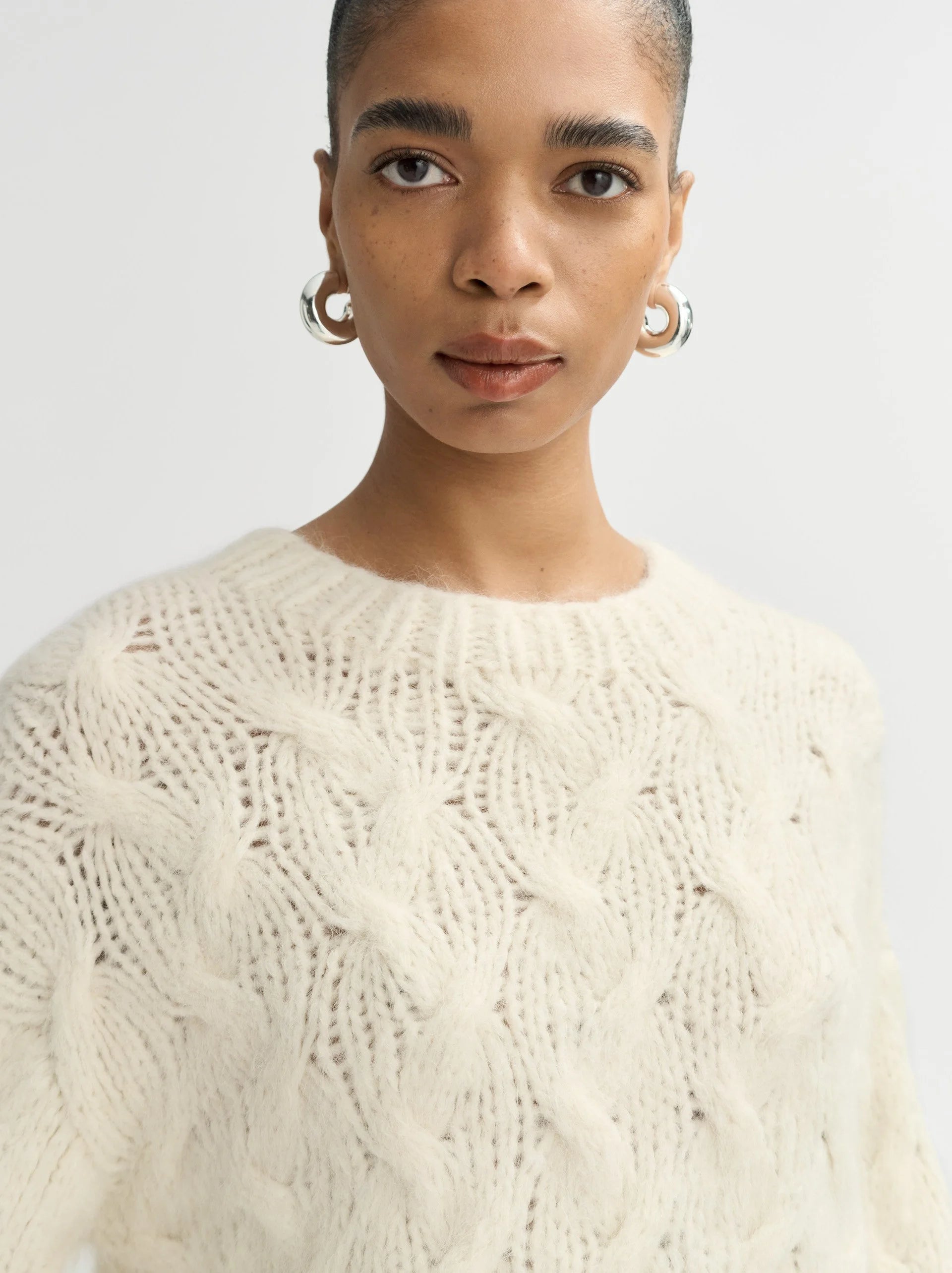 Soft Goat Chunky Cable  Knit Sweater in Feather White