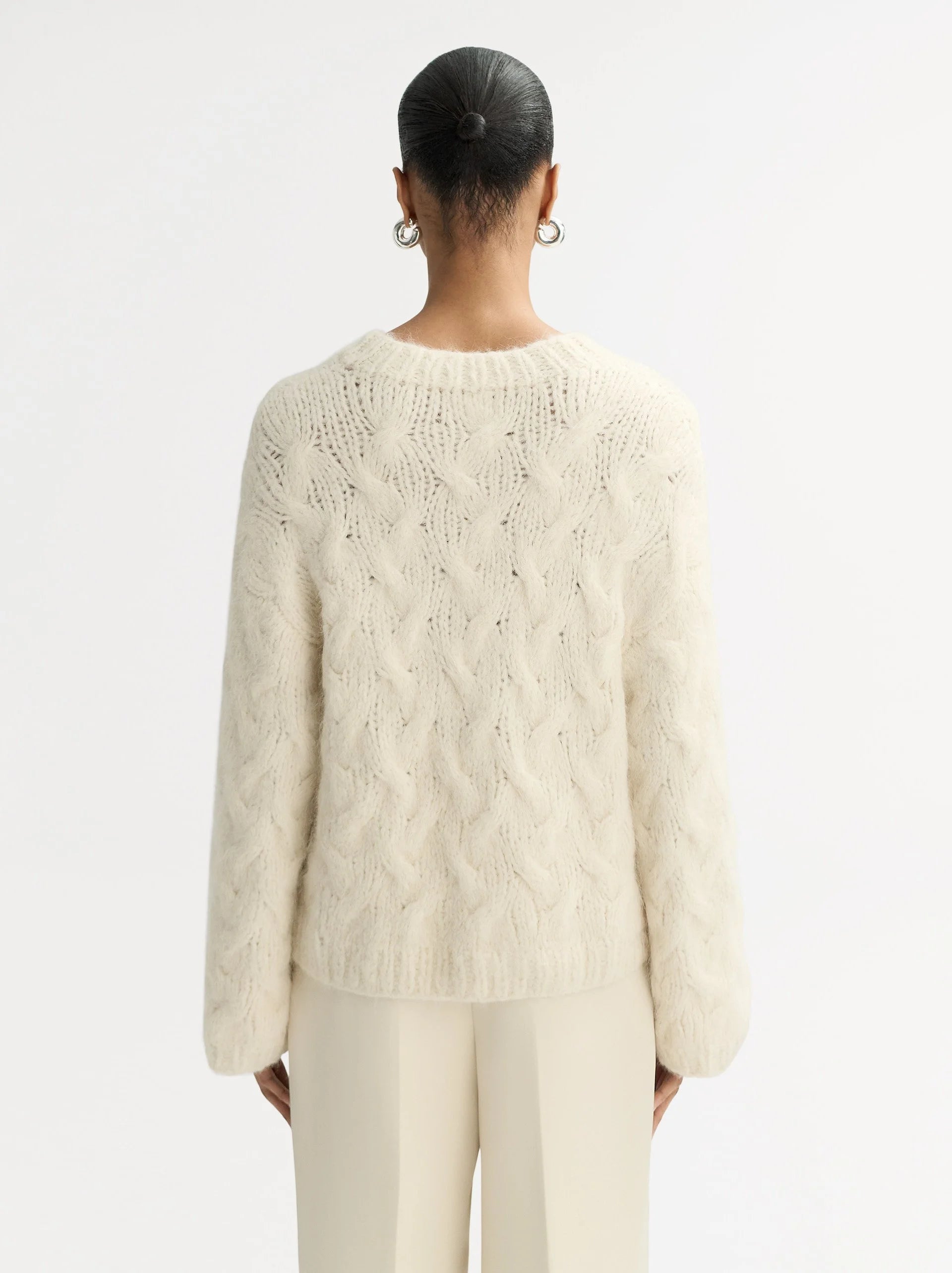 Soft Goat Chunky Cable  Knit Sweater in Feather White
