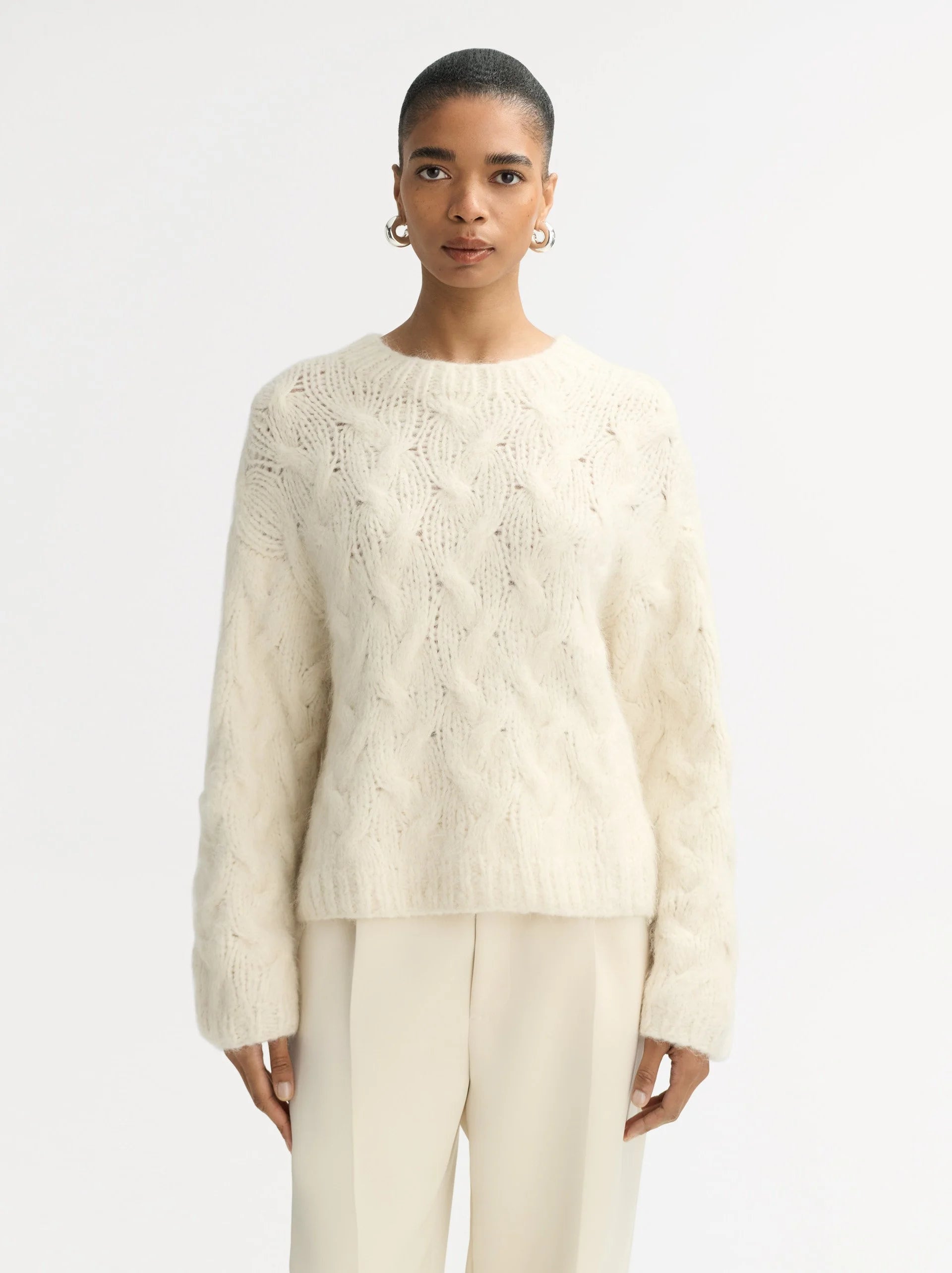 Soft Goat Chunky Cable  Knit Sweater in Feather White