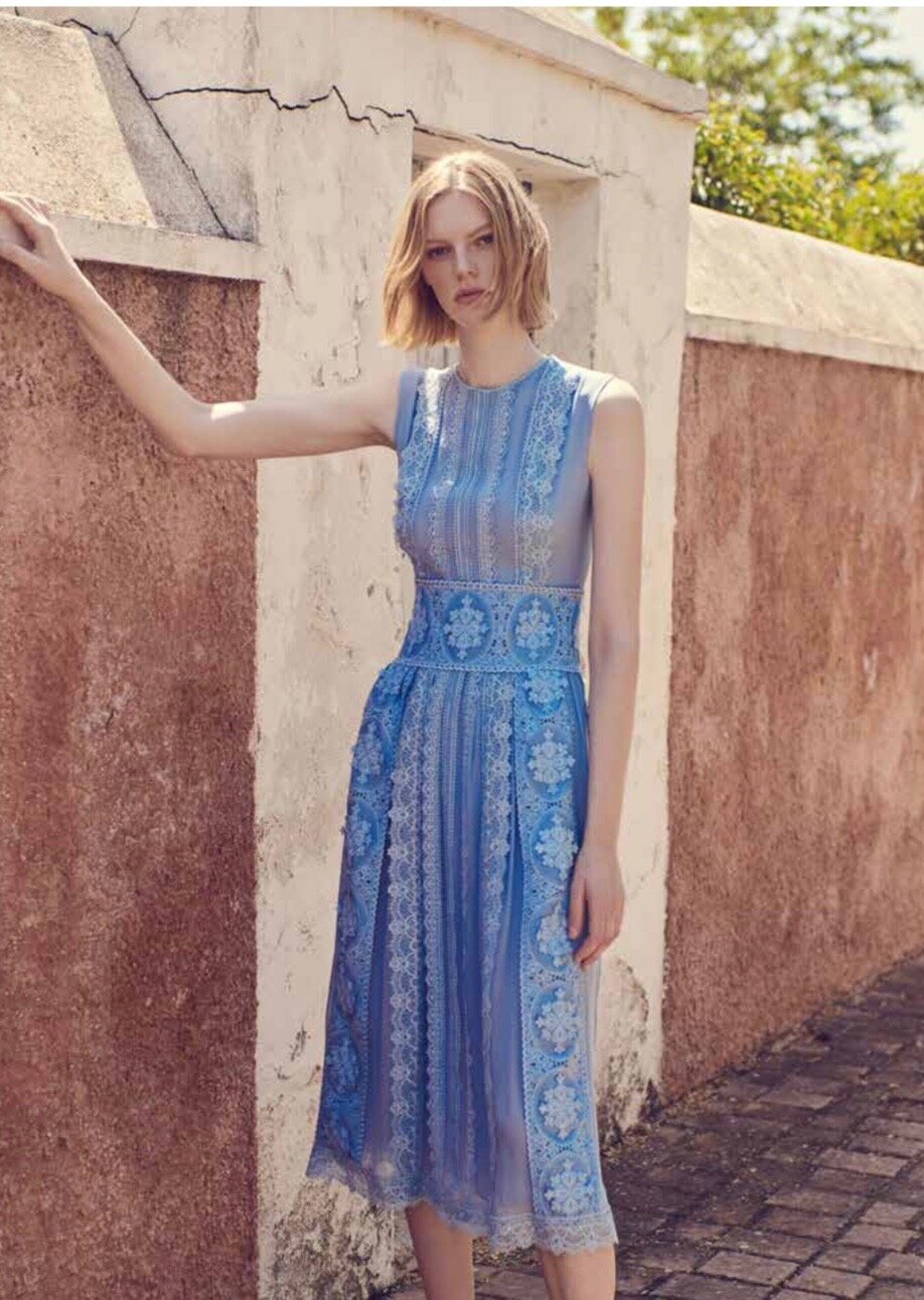 Costarellos Silk Chiffon Lace Dress